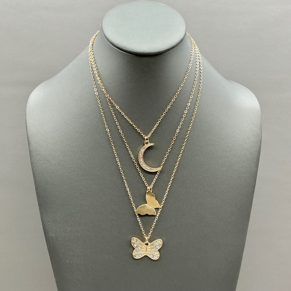 Layered Charm Necklace Women Gold Tone Butterfly Moon Rhinestone Fashion Jewelry